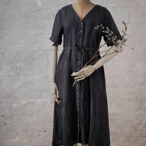 Knock Knock Linen - Amelie Button Down Midi Dress - Light Blue (Dusty Sky)